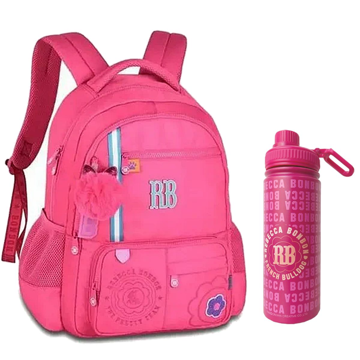 Kit Rebecca Bonbon Mochila Alças + Garrafa Squeeze Térmica 500ml Rosa - Original Clio