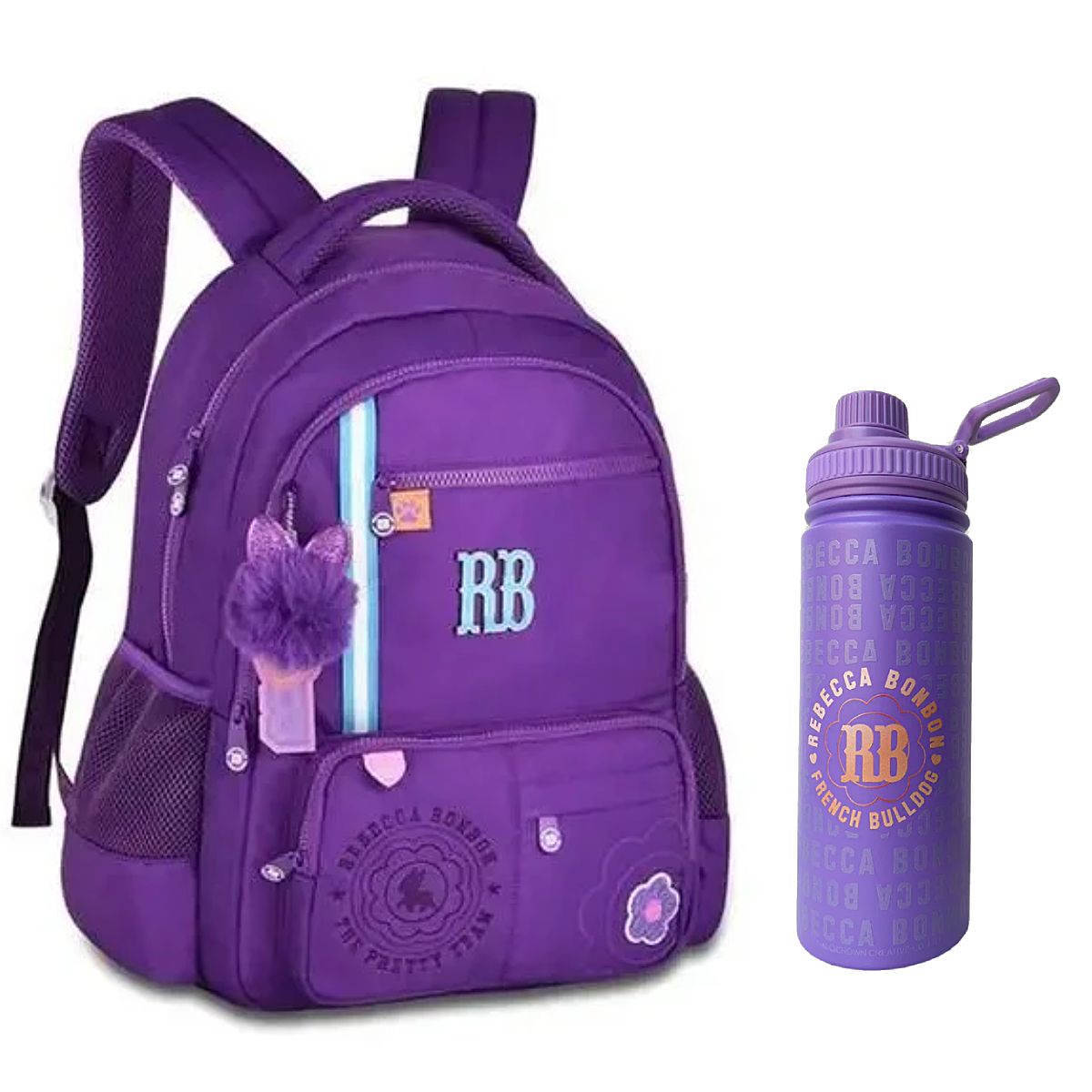 Kit Rebecca Bonbon Mochila Alças + Garrafa Squeeze Térmica 500ml Roxa - Original Clio