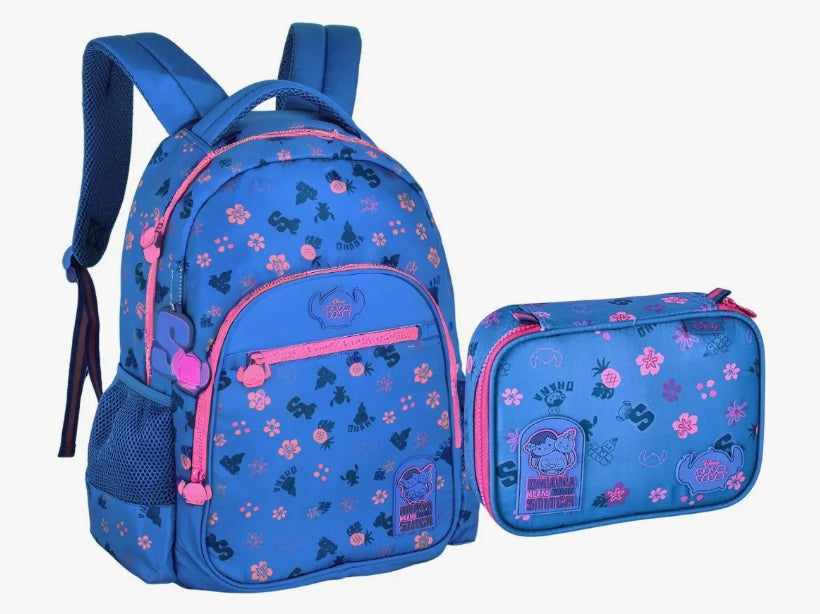 Kit Mochila Stitch + Estojo Escolar Juvenil Disney Tsum Tsum Azul - Original Clio