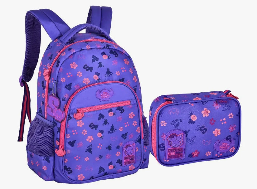Kit Mochila Stitch + Estojo Escolar Juvenil Disney Tsum Tsum Violeta- Original Clio