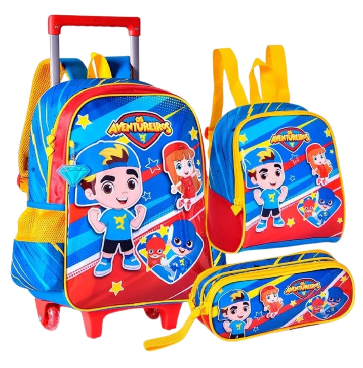 Kit Luccas Neto Mochila Rodinhas + Estojo + Lancheira Os Aventureiros - Original Clio