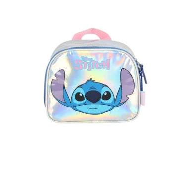 Kit Escolar Stitch Mochila Rodinhas + Estojo Triplo + Lancheira Prata Holográfica