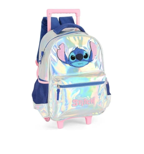 Mochila Stitch Rodinhas Metalizada Prata Infantil Holográfica - Luxcel