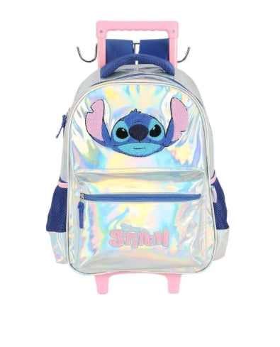 Kit Escolar Stitch Mochila Rodinhas + Estojo Triplo + Lancheira Prata Holográfica