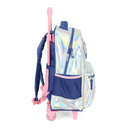 Kit Escolar Stitch Mochila Rodinhas + Estojo Triplo + Lancheira Prata Holográfica