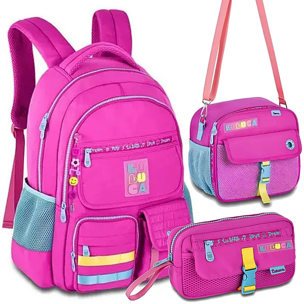 Kit Luluca Mochila Lancheira e Estojo Juvenil Escolar Cor Rosa - Clio