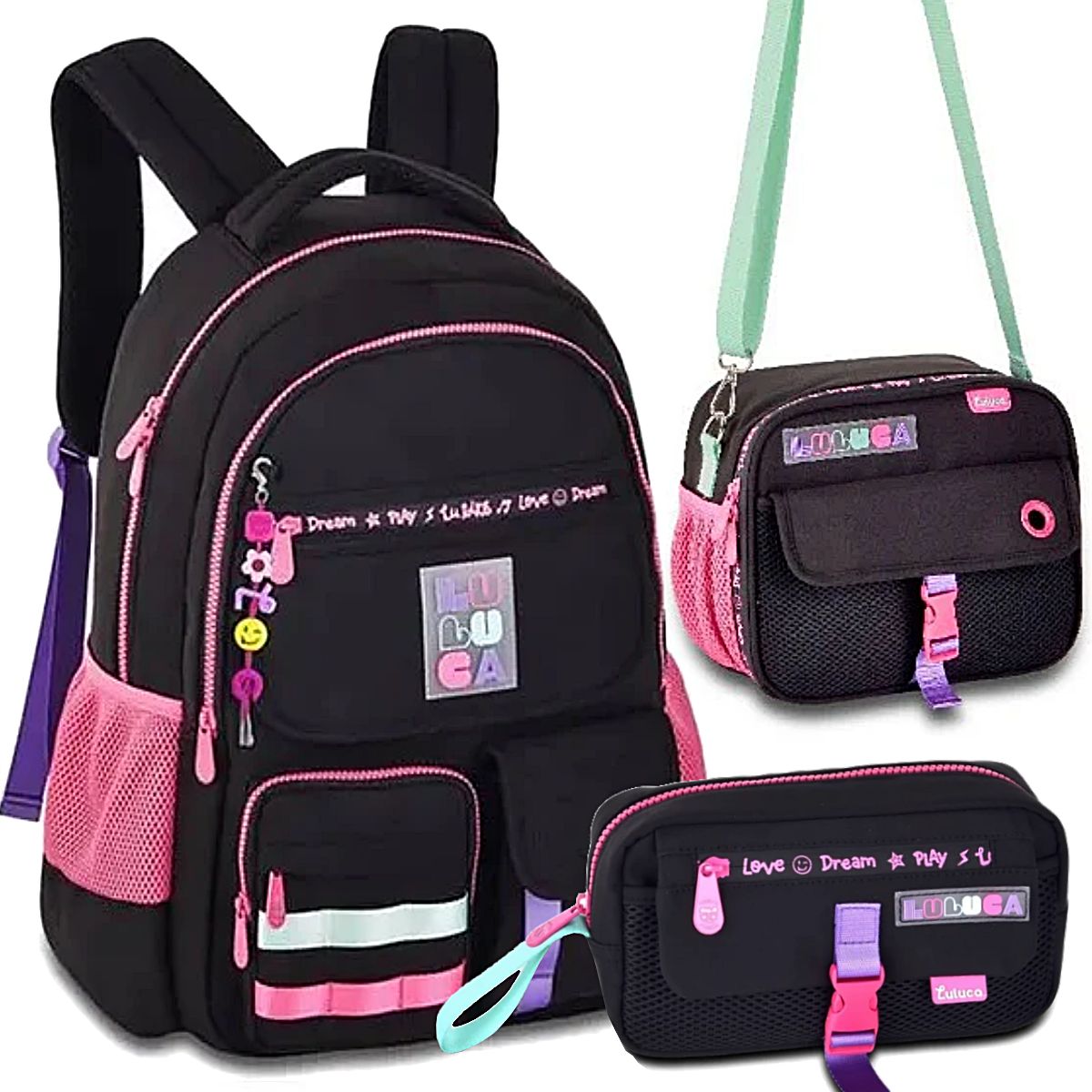 Kit Luluca Mochila Lancheira e Estojo Juvenil Escolar Cor Preto - Clio