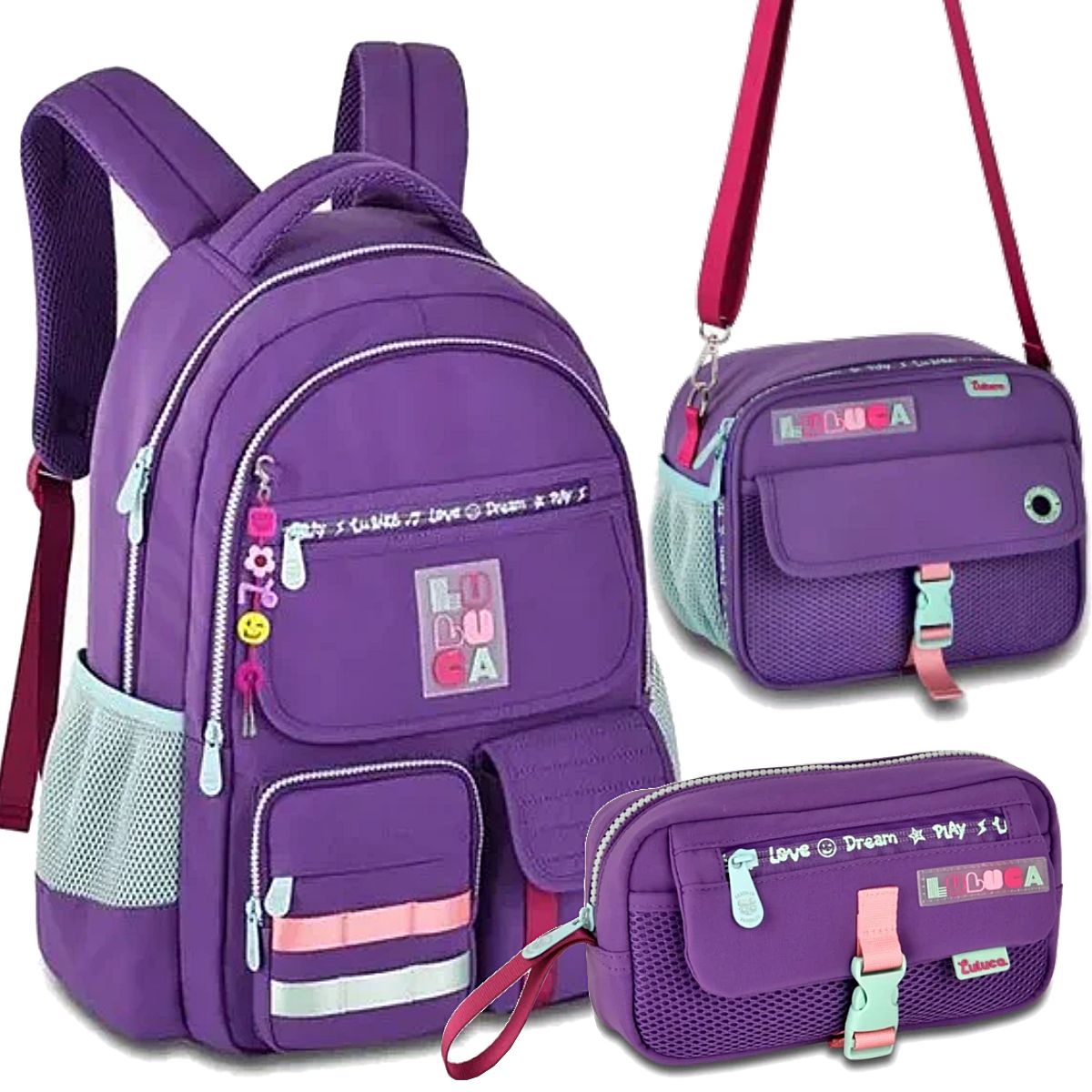 Kit Luluca Mochila Lancheira e Estojo Juvenil Escolar Cor Roxo - Clio