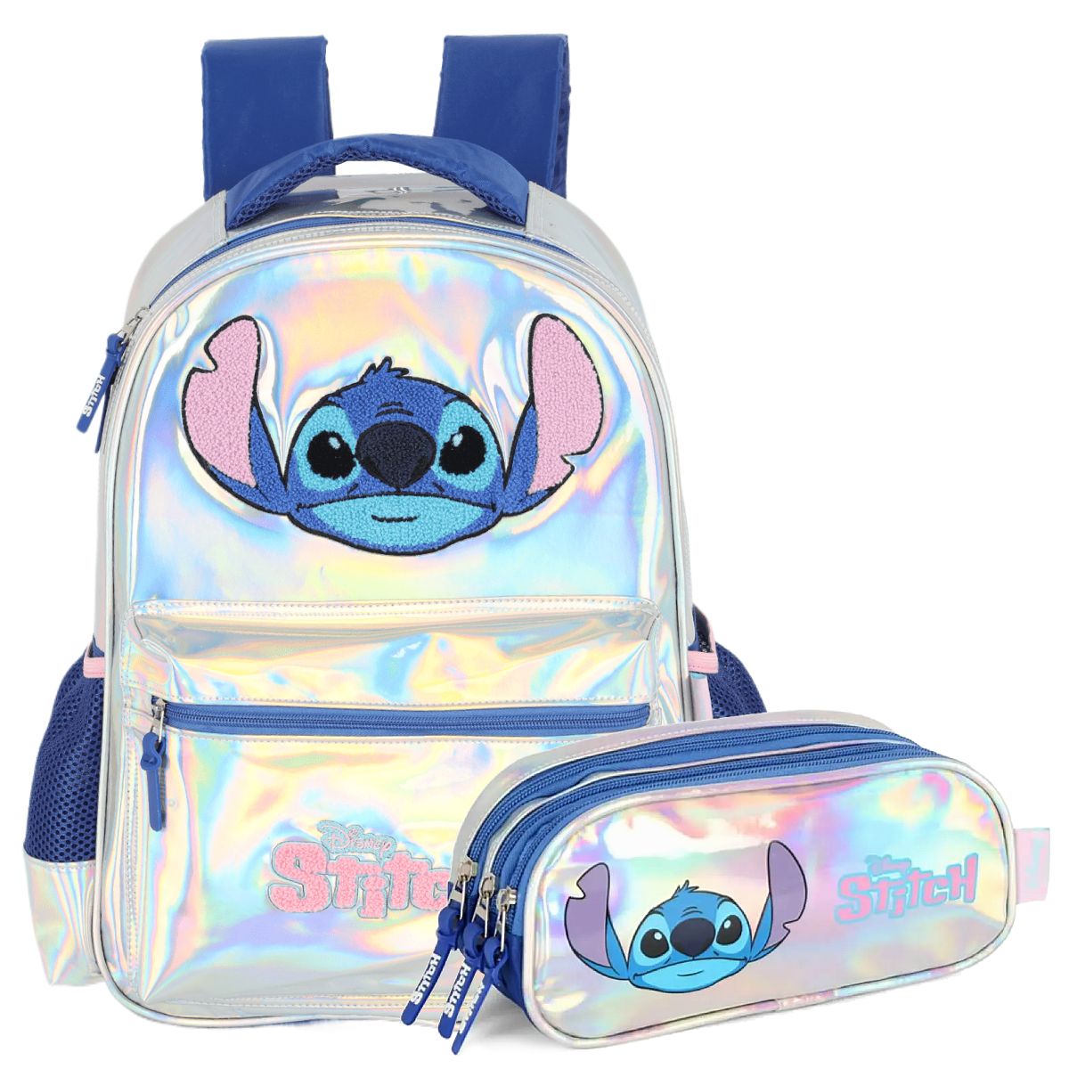 Kit Escolar Stitch Mochila Alças + Estojo Triplo Prata Holográfica - Luxcel