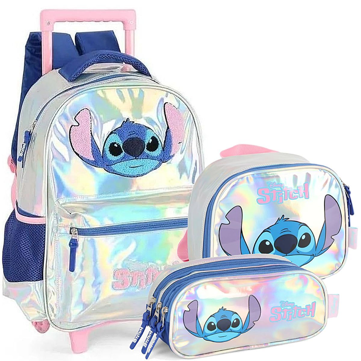 Kit Escolar Stitch Mochila Rodinhas + Estojo Triplo + Lancheira Prata Holográfica
