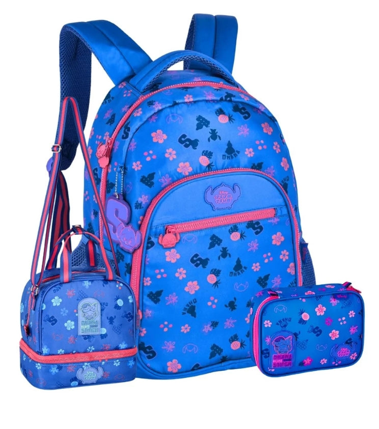Kit Mochila Stitch Azul + Lancheira + Estojo Box Tsum Tsum Disney - Original Clio