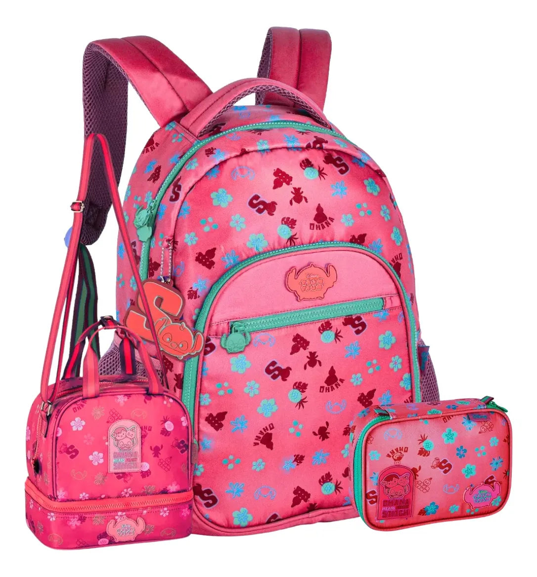Kit Mochila Stitch Rosa + Lancheira + Estojo Box Tsum Tsum Disney - Original Clio