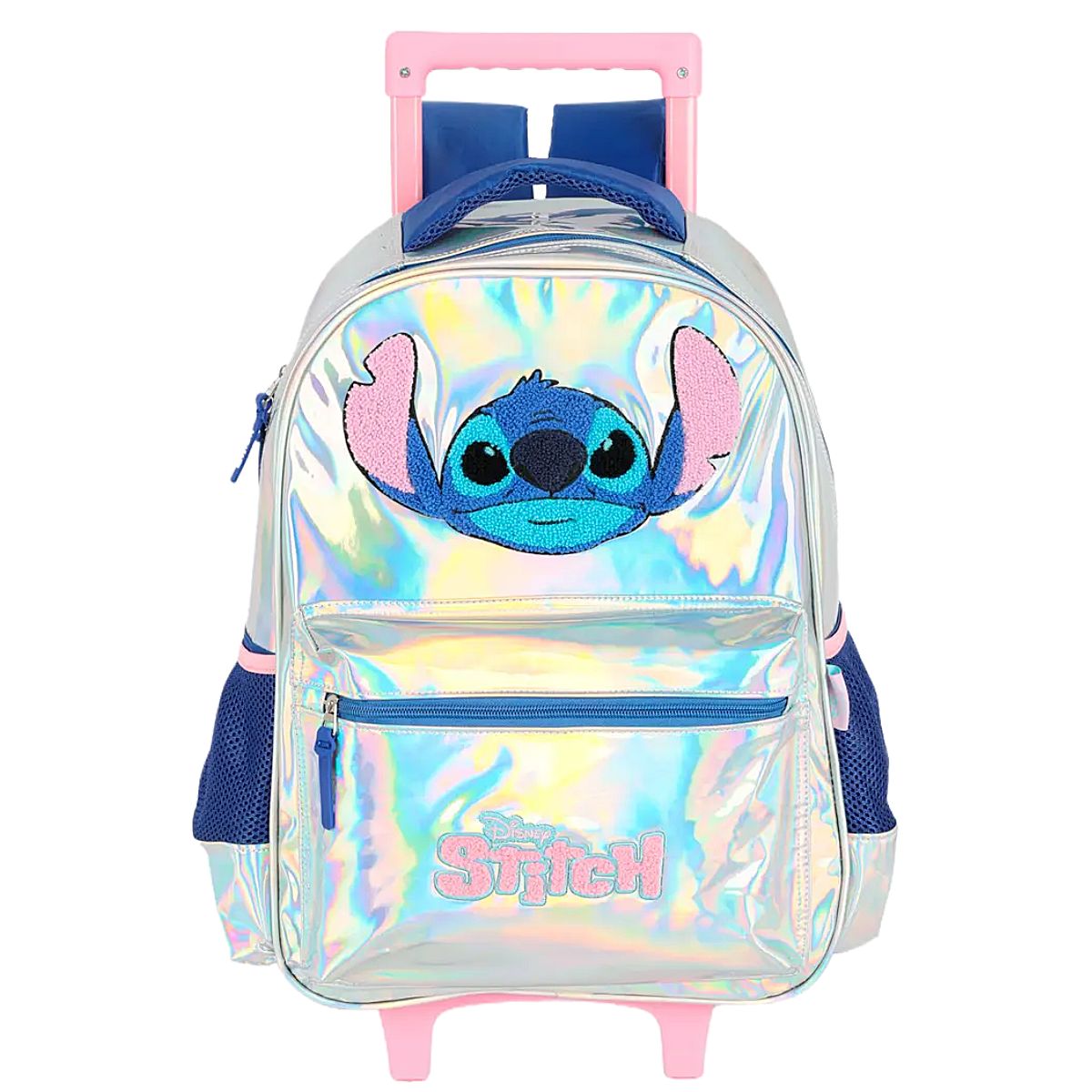 Mochila Stitch Rodinhas Metalizada Prata Infantil Holográfica - Luxcel